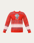 Load image into Gallery viewer, Custom Pet Knitted Holiday Sweater - Candy Cane Red with a custom knitted pet portrait and the name ATLAS | Alpha Paw