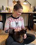 Load image into Gallery viewer, Custom Pet Knitted Holiday Sweater - Snow Day White - worn at home with a custom Burmese cat portrait named COCOA | Alpha Paw