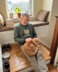 Load image into Gallery viewer, Custom Pet Knitted Holiday Sweater - Evergreen Classic - worn at home with a custom Exotic Shorthair cat portrait named GINGER | Alpha Paw