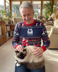 Load image into Gallery viewer, Custom Pet Knitted Holiday Sweater - Santa's Sleigh Blue - worn at home with a custom Birman cat portrait named LOTUS | Alpha Paw