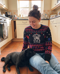 Load image into Gallery viewer, Custom Pet Knitted Holiday Sweater - Night Before Christmas - worn at home with a custom Pug portrait named OLIVE | Alpha Paw