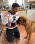 Load image into Gallery viewer, Custom Pet Knitted Holiday Sweater - Snow Day White - worn at home with a custom Bullmastiff portrait named BRUTUS | Alpha Paw