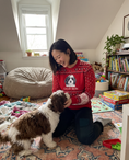 Load image into Gallery viewer, Custom Pet Knitted Holiday Sweater - Candy Cane Red - worn at home with a custom Havanese portrait named COCOA-BEAN | Alpha Paw