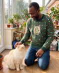 Load image into Gallery viewer, Custom Pet Knitted Holiday Sweater - Evergreen Classic - worn at home with a custom Himalayan cat portrait named PEARL | Alpha Paw