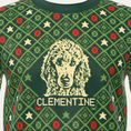 Load image into Gallery viewer, Custom Pet Knitted Holiday Sweater - Evergreen Classic - close-up of the knitted pet portrait and name CLEMENTINE | Alpha Paw