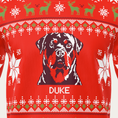 Load image into Gallery viewer, Custom Pet Knitted Holiday Sweater - Fireside Red - close-up of the knitted pet portrait and name DUKE | Alpha Paw