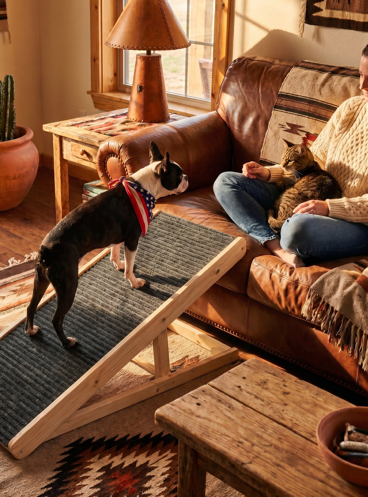 A Boston terrier walks up Pawramp to companions on the couch