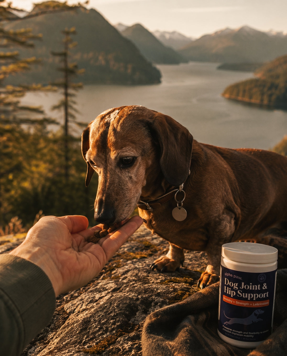 A senior Dachshund eats his Dog Joint & Hip Support
