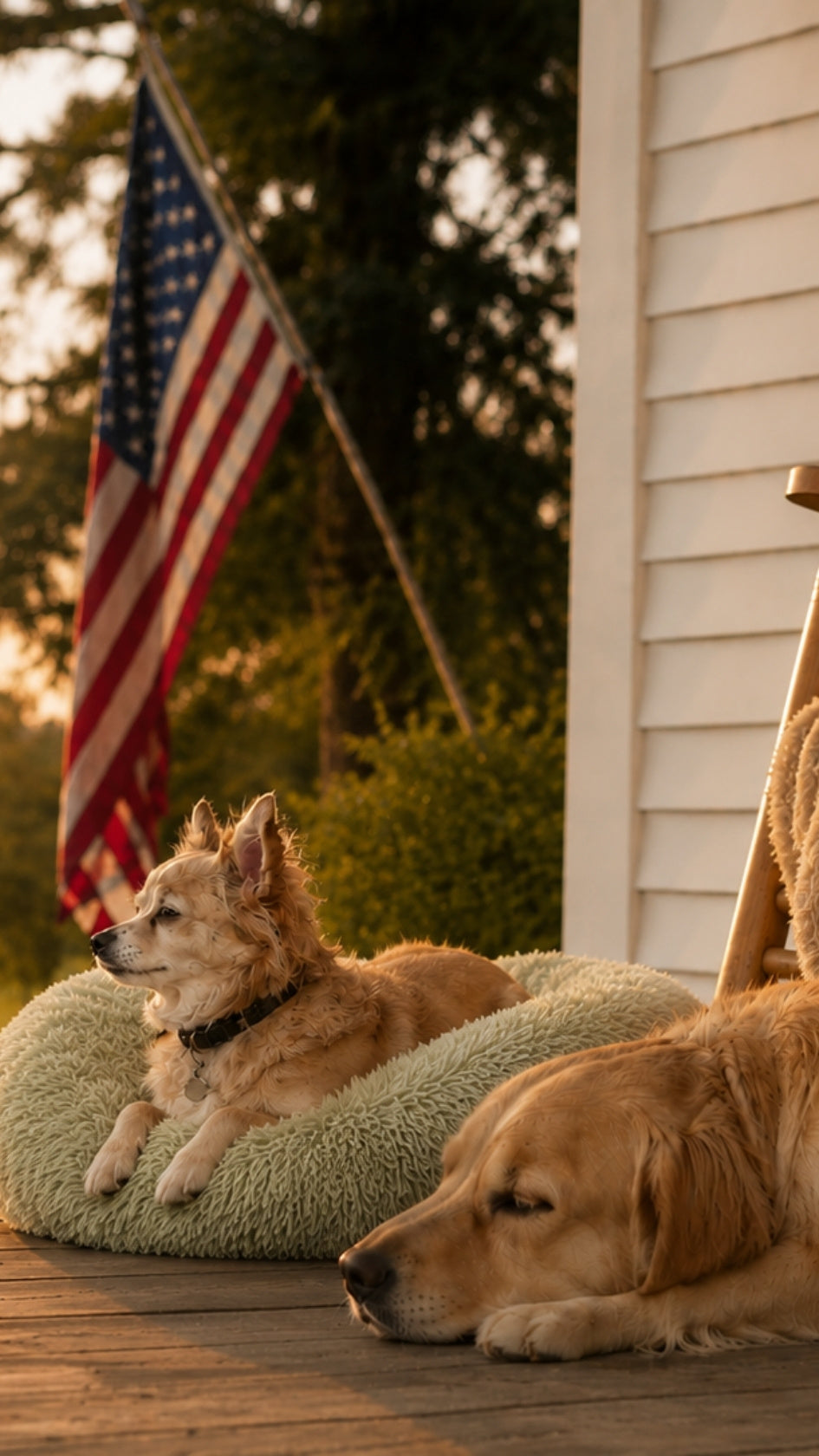 Two dogs on a wooden porch at sunset with a small dog tucked beside them.