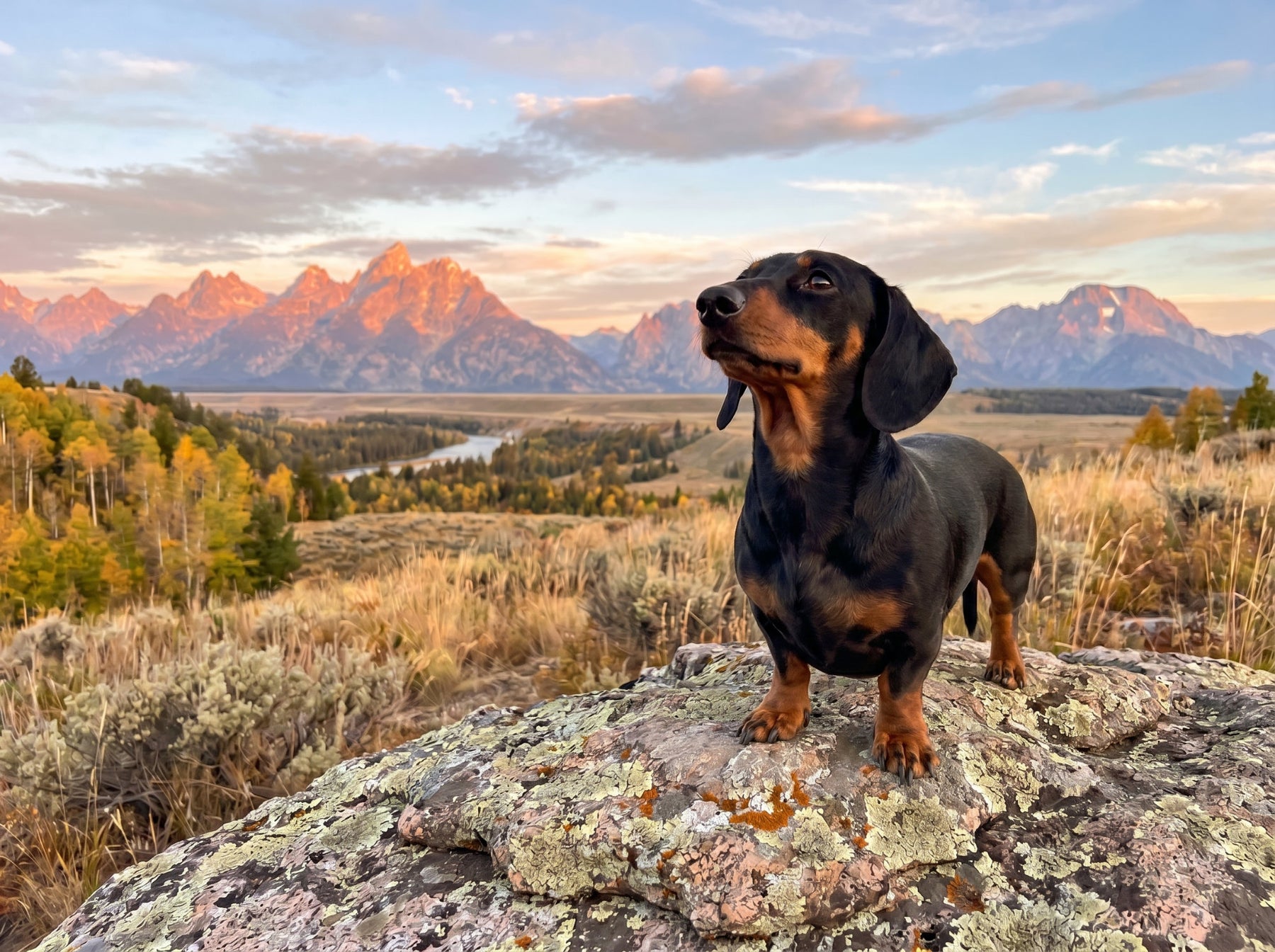 A dachshund standing on a mountain ridge at golden hour.