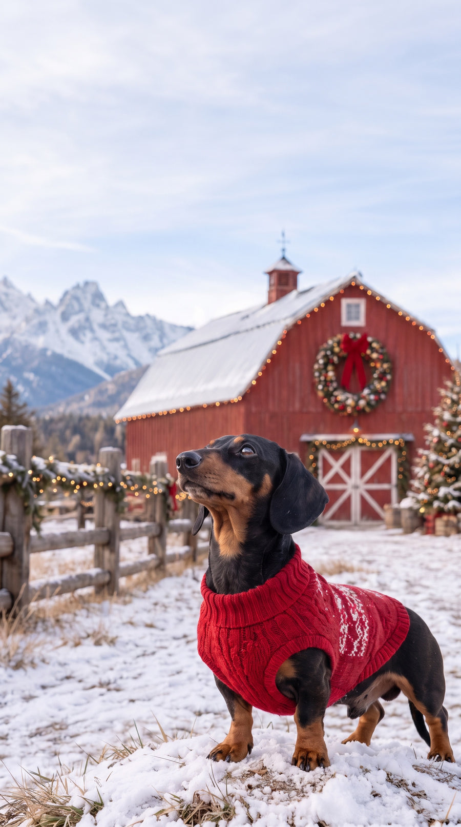 A dachshund in a red holiday sweater standing in the snow in front of a decorated red barn with the Tetons behind.