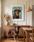 Load image into Gallery viewer, Framed custom pet print in a dining room above a sideboard with a dog