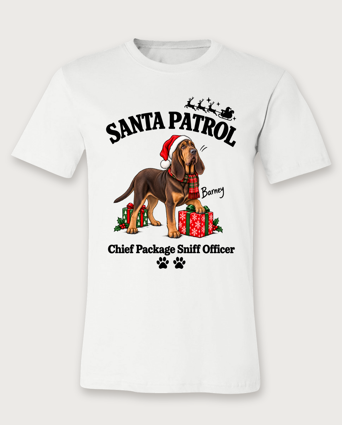 Santa Patrol unisex tee in White with a custom Bloodhound design | Alpha Paw