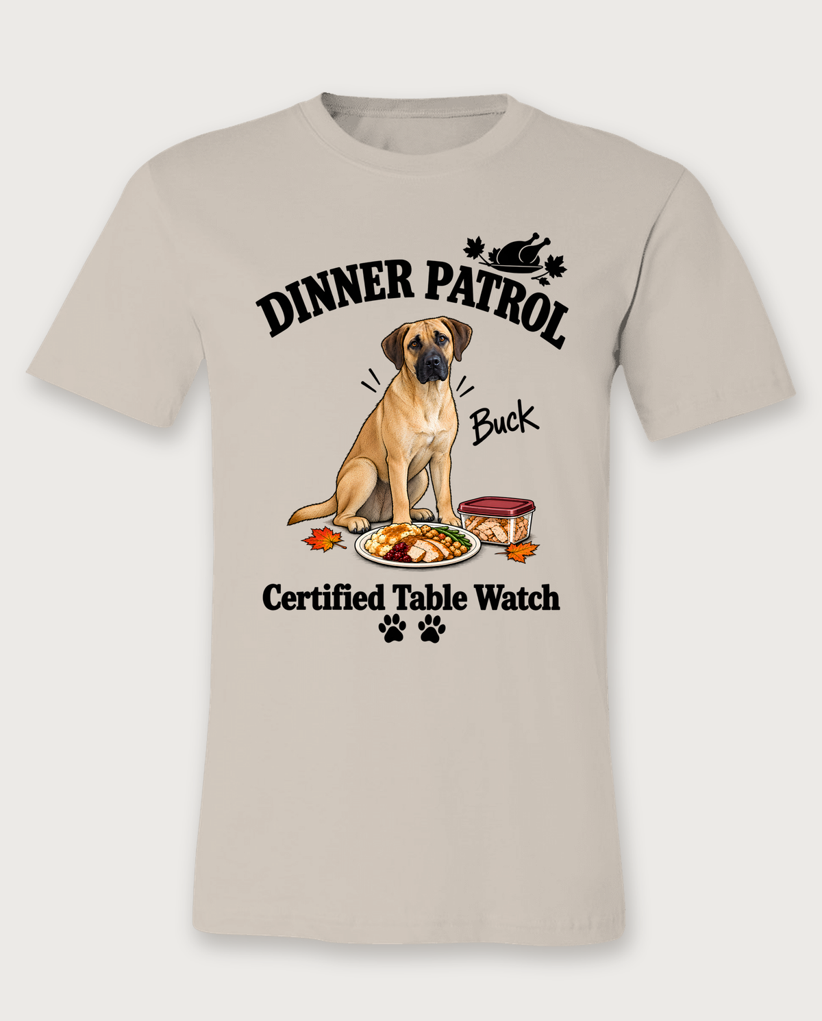 Dinner Patrol unisex tee in Natural with a custom Black Mouth Cur design | Alpha Paw