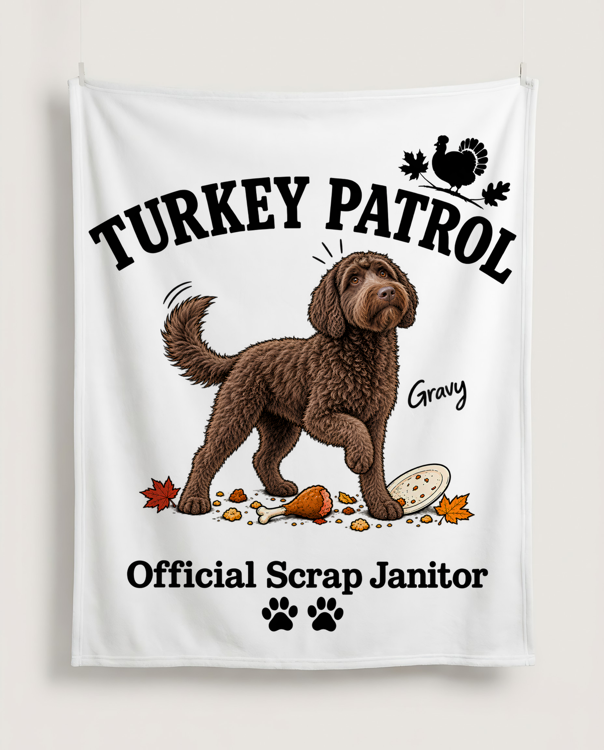Turkey Patrol Scrap Janitor blanket with a custom Labradoodle design | Alpha Paw