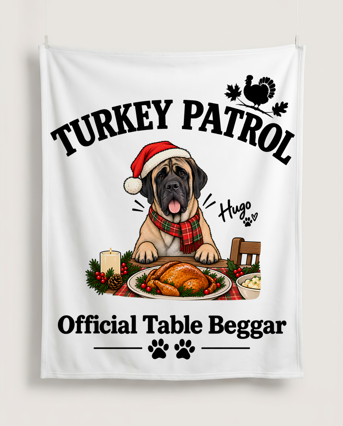 Turkey Patrol Table Beggar blanket with a custom English Mastiff design | Alpha Paw