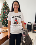 Load image into Gallery viewer, On the Nice List (Maybe) unisex tee in White with a custom Staffordshire Bull Terrier design | Alpha Paw
