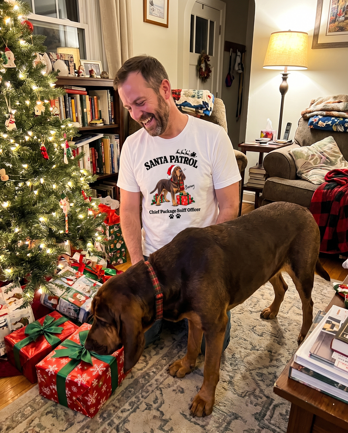 Santa Patrol unisex tee in White with a custom Bloodhound design | Alpha Paw