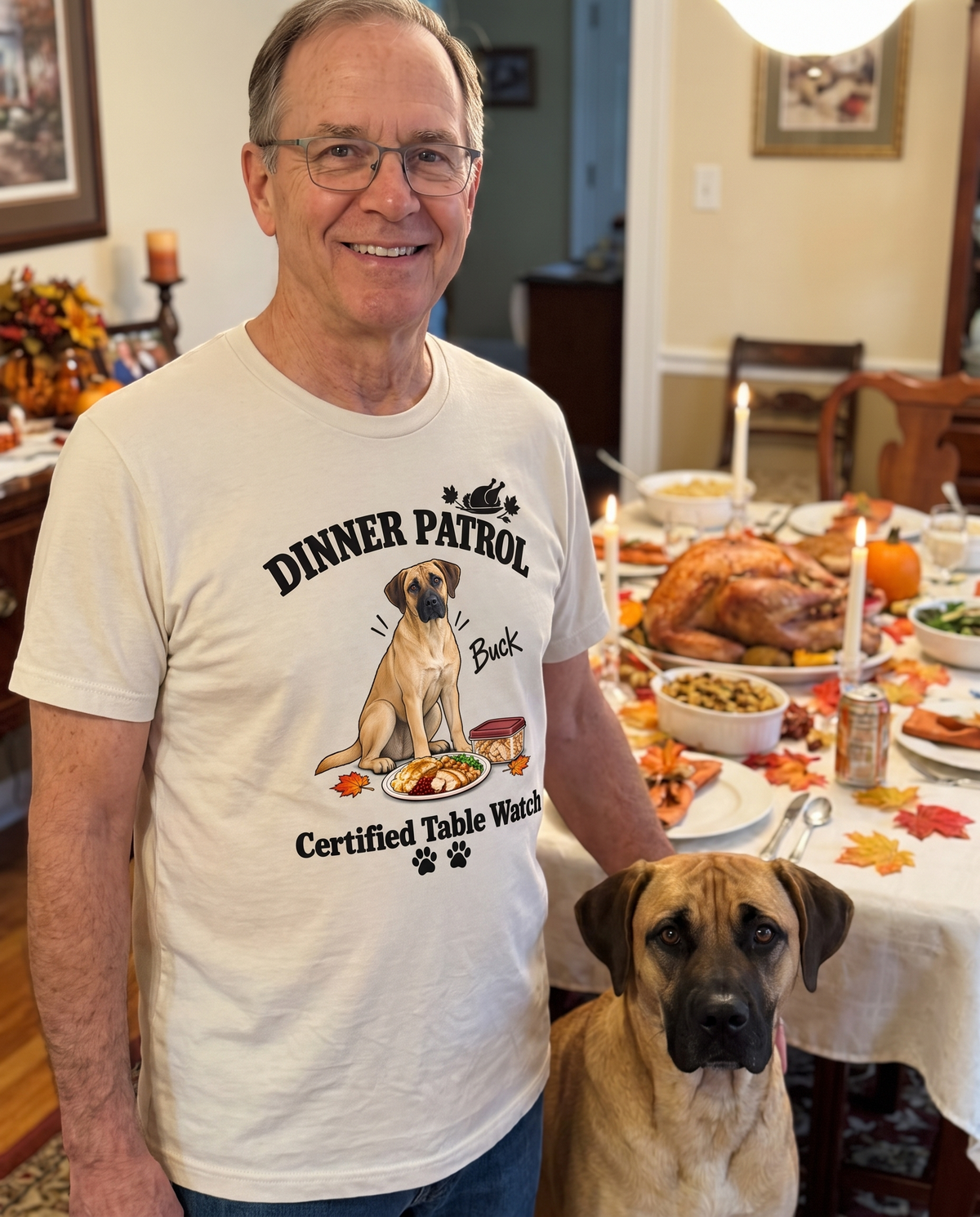 Dinner Patrol unisex tee in Natural with a custom Black Mouth Cur design | Alpha Paw