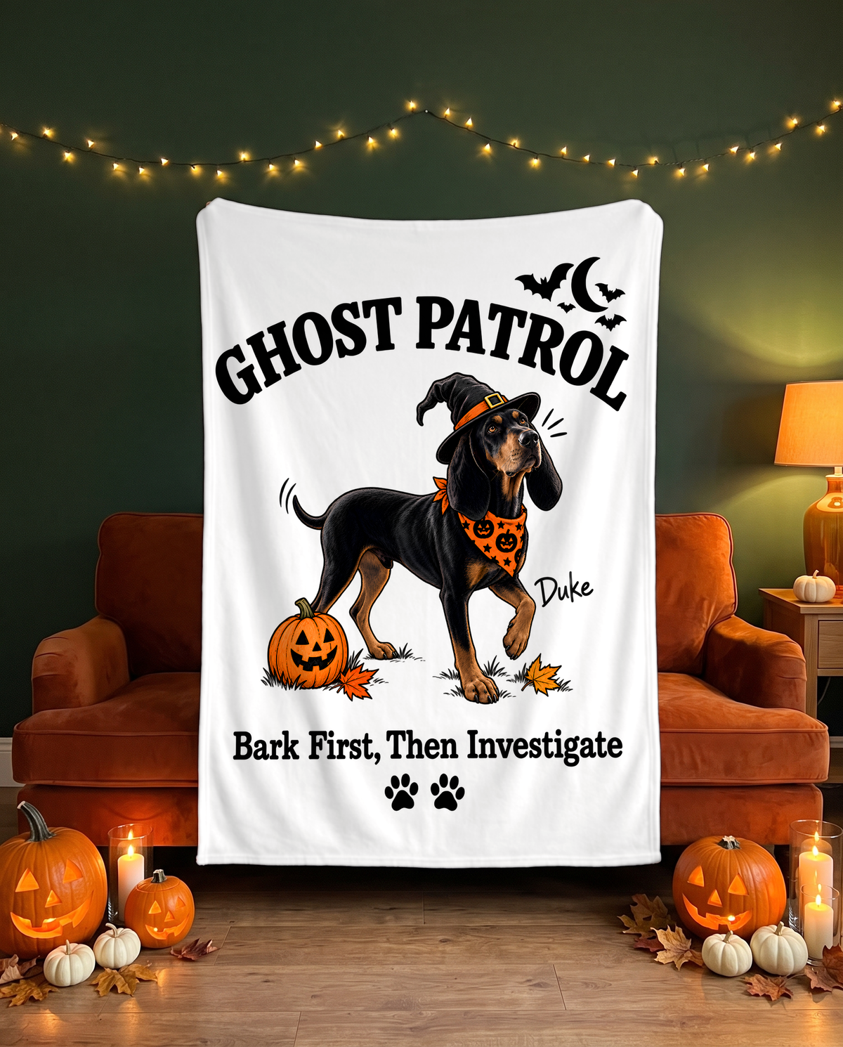 Ghost Patrol blanket with a custom Black and Tan Coonhound design | Alpha Paw