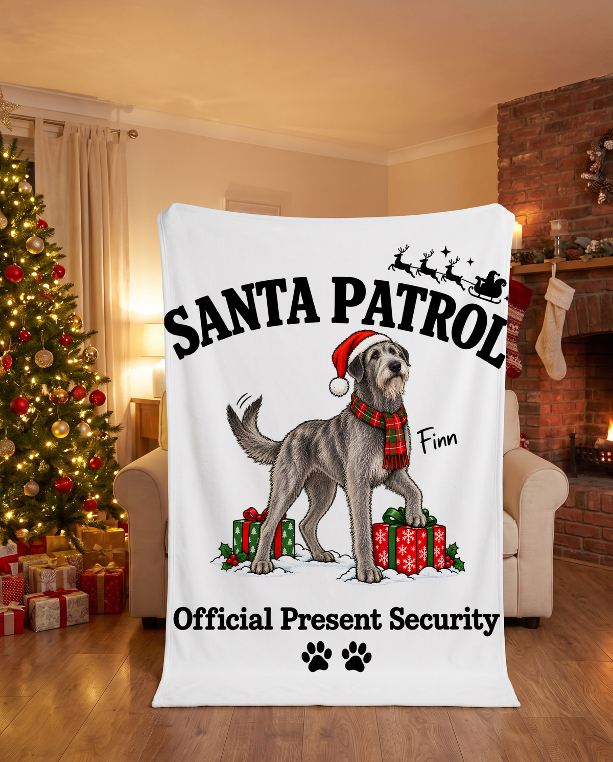 Santa Patrol Present Security blanket with a custom Irish Wolfhound design | Alpha Paw