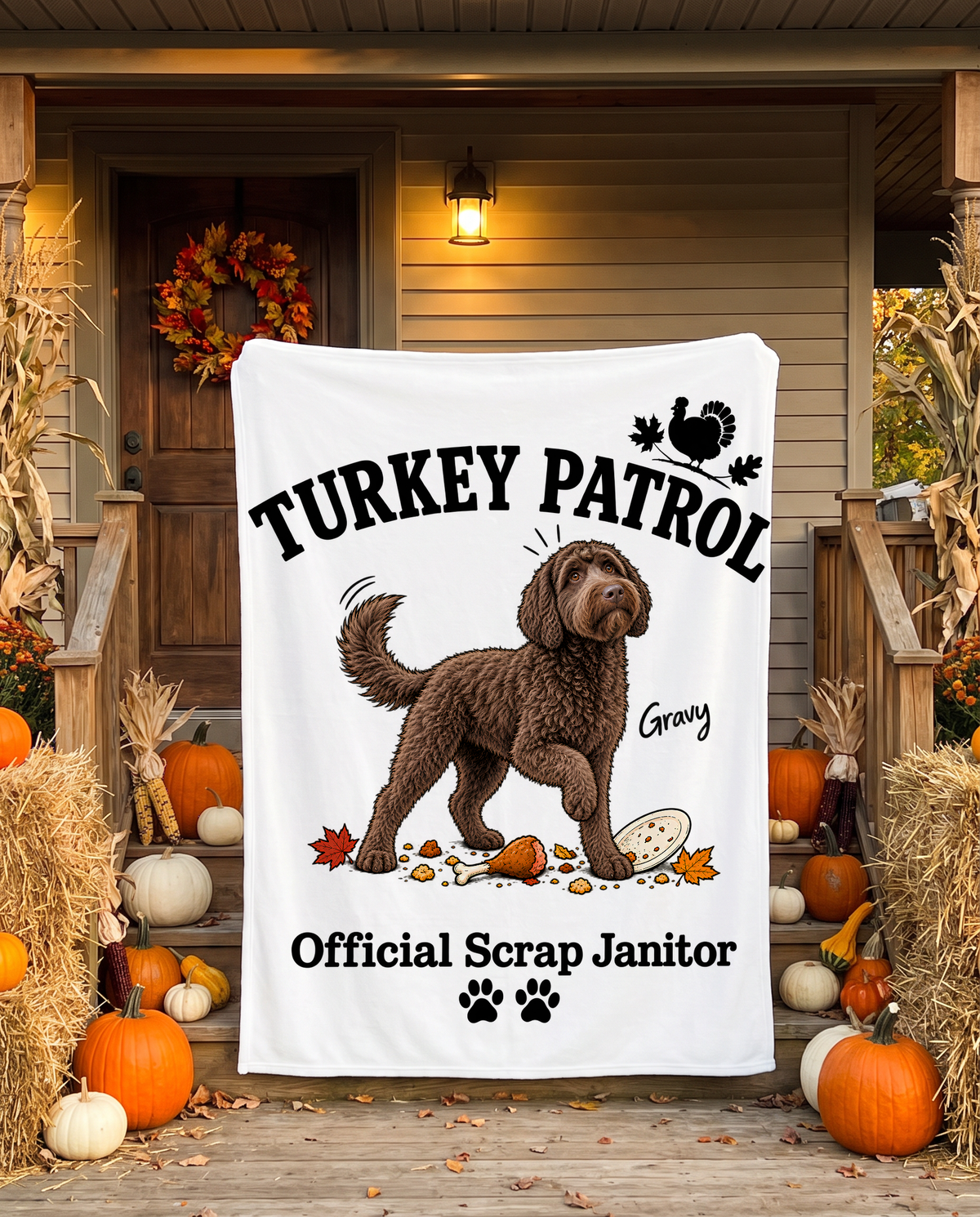 Turkey Patrol Scrap Janitor blanket with a custom Labradoodle design | Alpha Paw