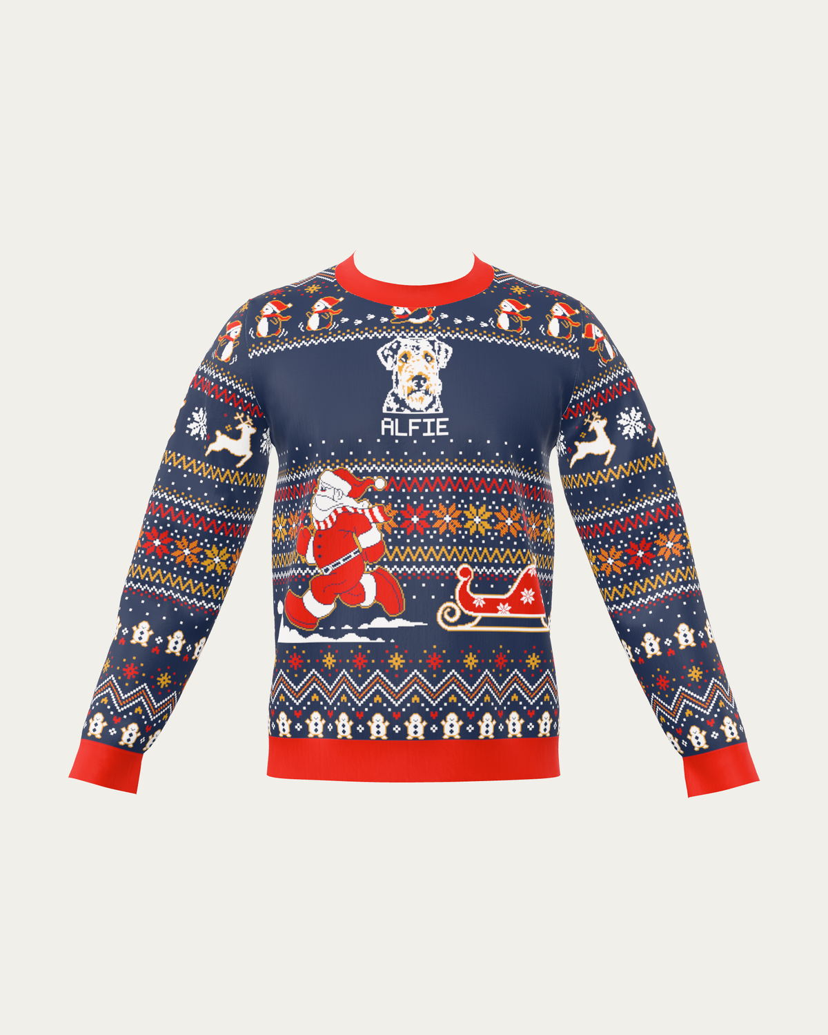 Custom Pet Knitted Holiday Sweater - Santa's Sleigh Blue with a custom knitted pet portrait and the name ALFIE | Alpha Paw