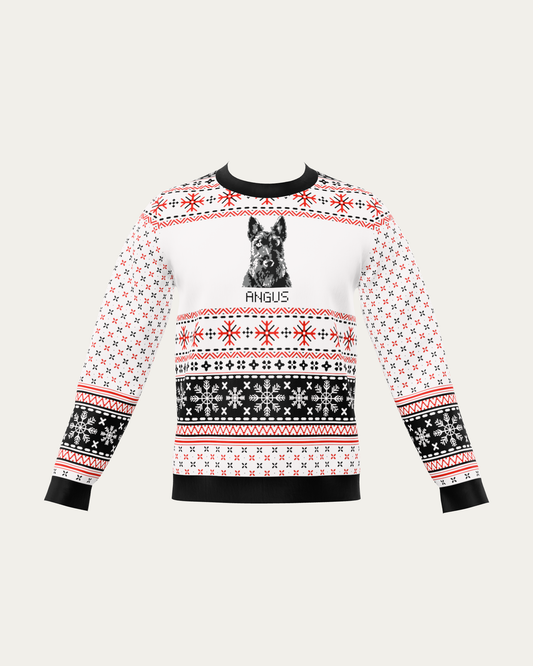Custom Pet Knitted Holiday Sweater - Snow Day White with a custom knitted pet portrait and the name ANGUS | Alpha Paw