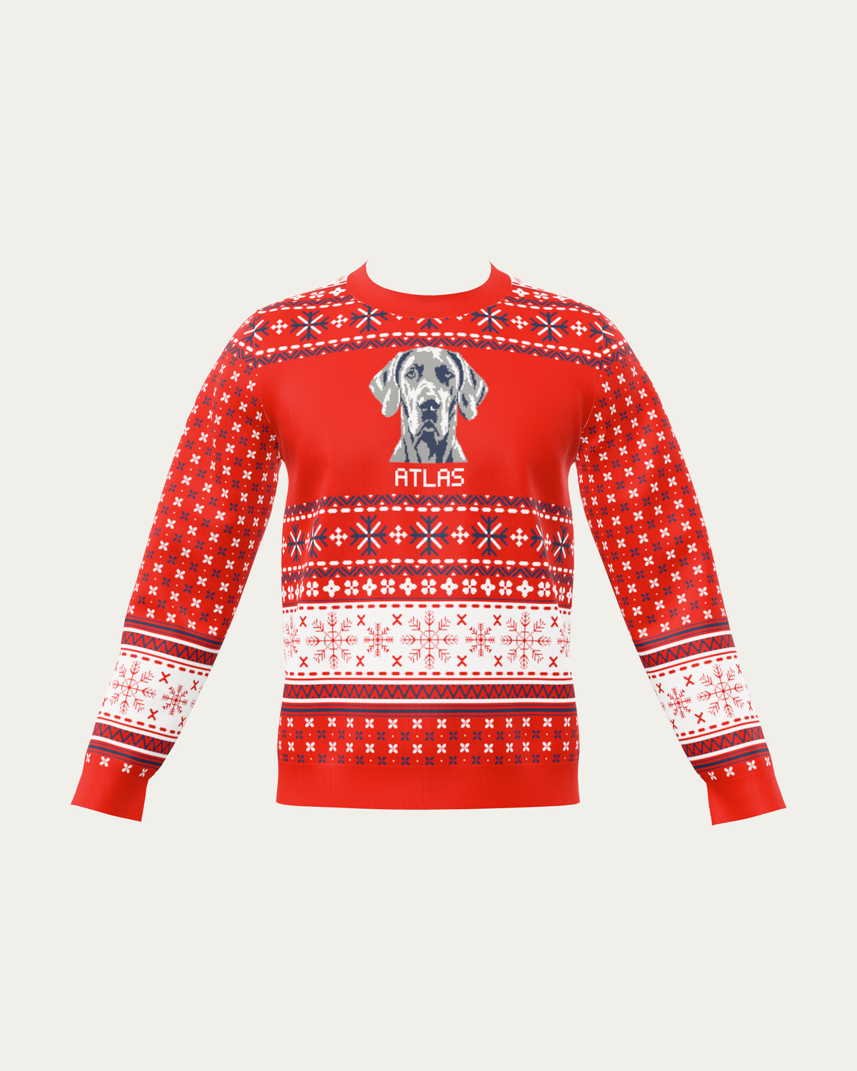 Custom Pet Knitted Holiday Sweater - Candy Cane Red with a custom knitted pet portrait and the name ATLAS | Alpha Paw