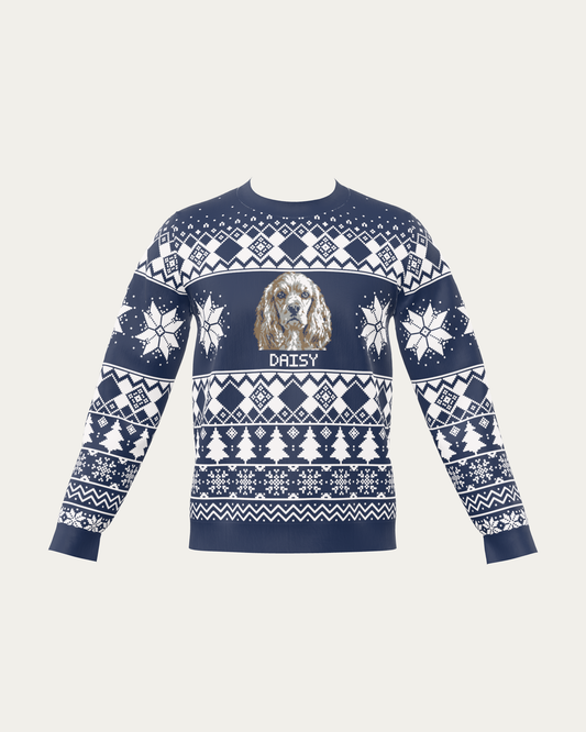 Custom Pet Knitted Holiday Sweater - Winter Sky Blue with a custom knitted pet portrait and the name DAISY | Alpha Paw