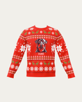 Load image into Gallery viewer, Custom Pet Knitted Holiday Sweater - Fireside Red with a custom knitted pet portrait and the name DUKE | Alpha Paw
