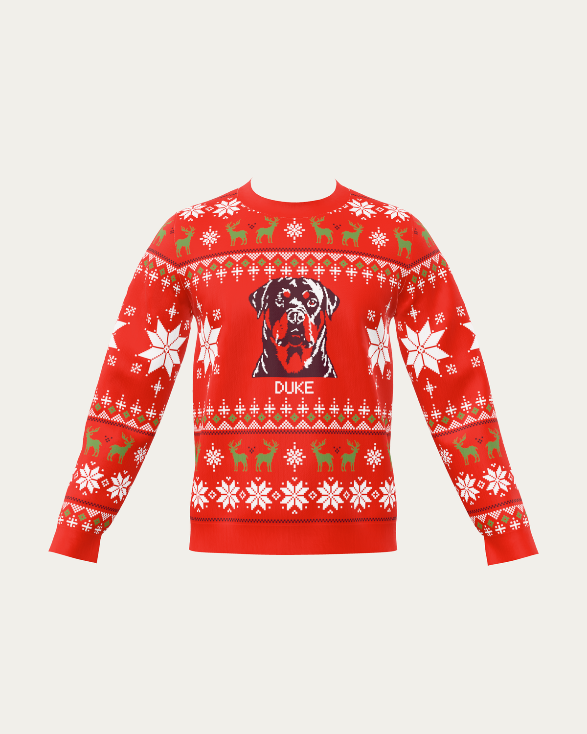 Custom Pet Knitted Holiday Sweater - Fireside Red with a custom knitted pet portrait and the name DUKE | Alpha Paw