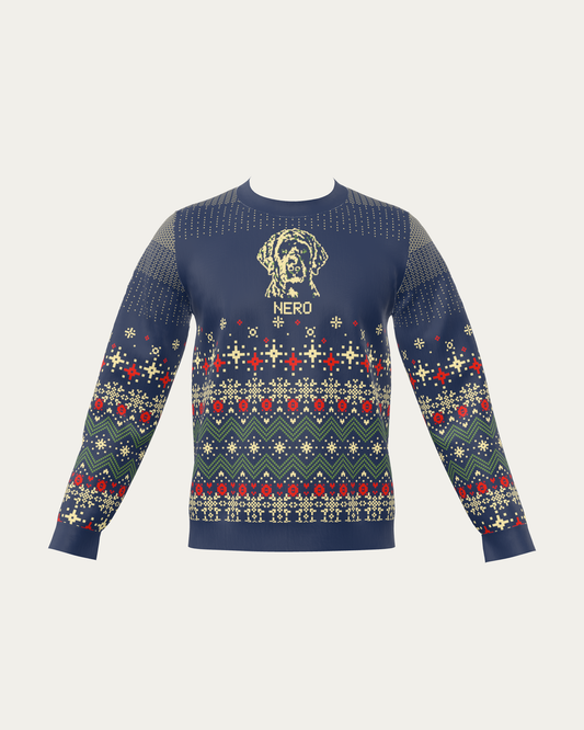 Custom Pet Holiday Sweater - Frosty Morning Blue with a custom knitted pet portrait and the name NERO | Alpha Paw