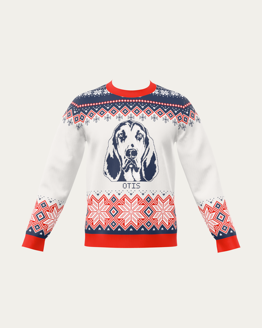 Custom Pet Knitted Holiday Sweater - Polar Express with a custom knitted pet portrait and the name OTIS | Alpha Paw