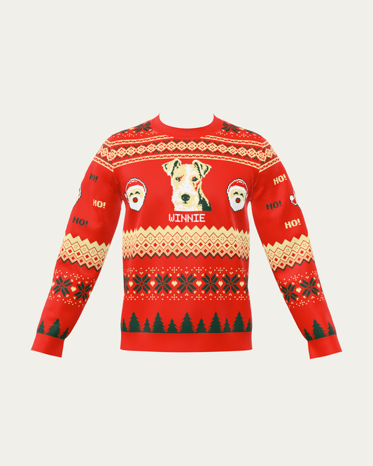 Custom Pet Knitted Holiday Sweater - Santa's Workshop with a custom knitted pet portrait and the name WINNIE | Alpha Paw