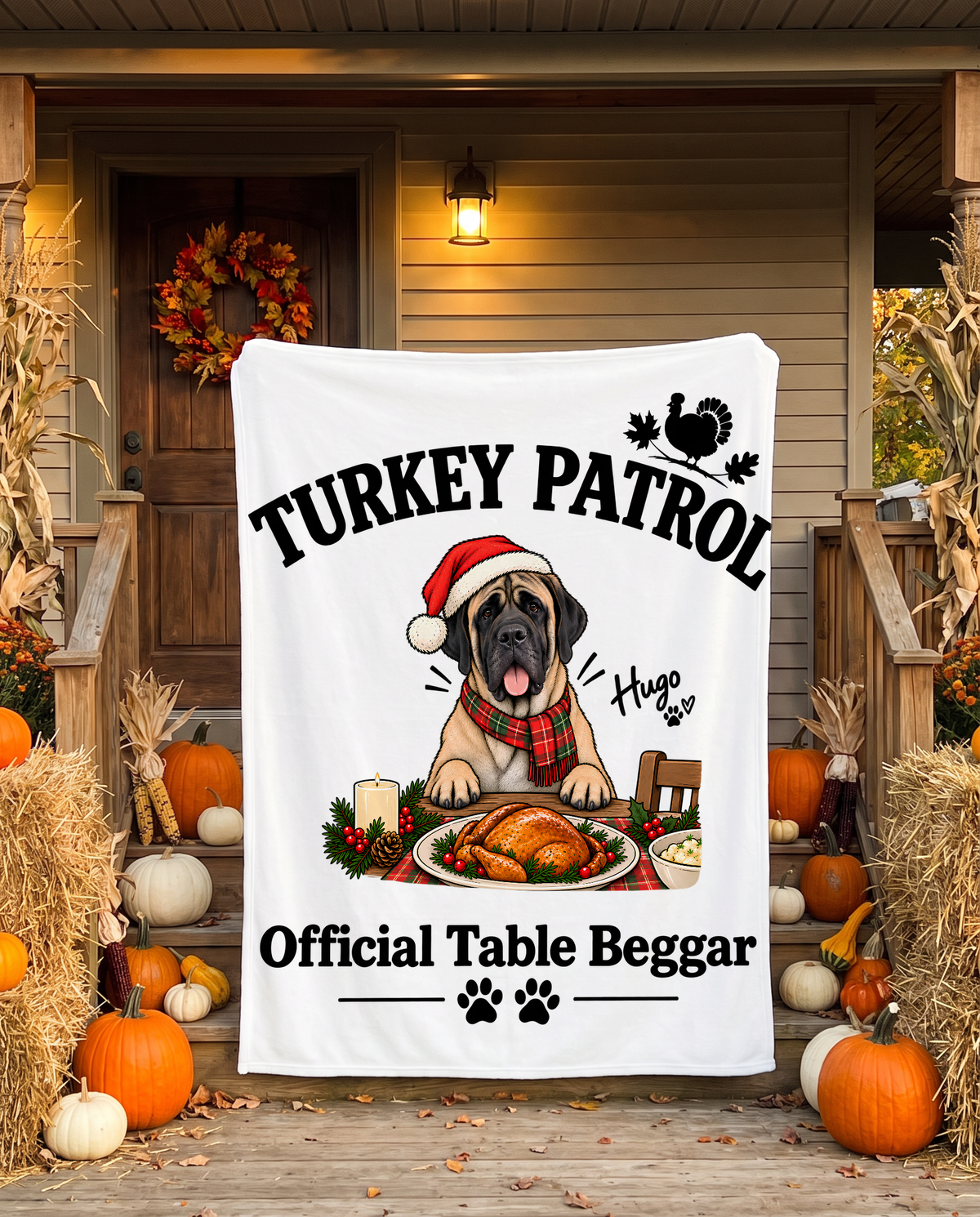 Turkey Patrol Table Beggar blanket with a custom English Mastiff design | Alpha Paw