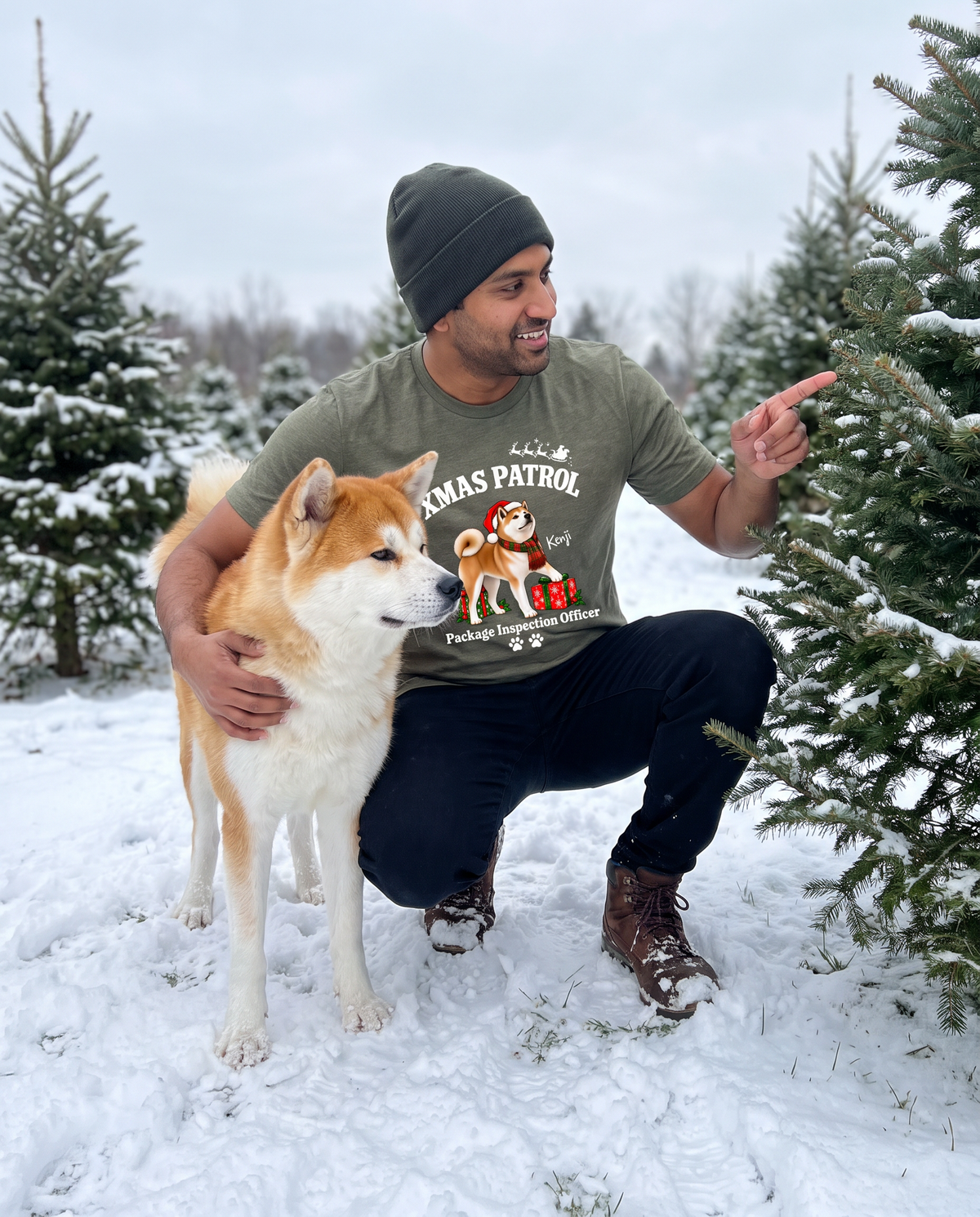 Xmas Patrol unisex tee in Heather Military Green with a custom Akita design | Alpha Paw