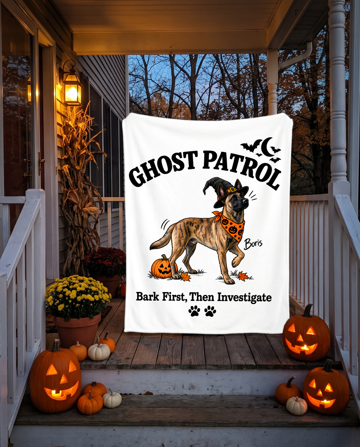 Ghost Patrol blanket with a custom Dutch Shepherd design | Alpha Paw