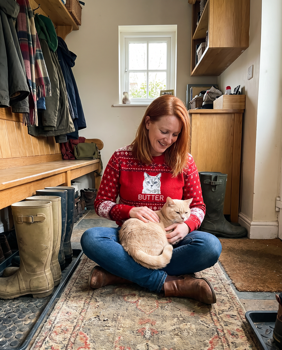 Custom Pet Knitted Holiday Sweater - Candy Cane Red - worn at home with a custom Manx cat portrait named BUTTER | Alpha Paw