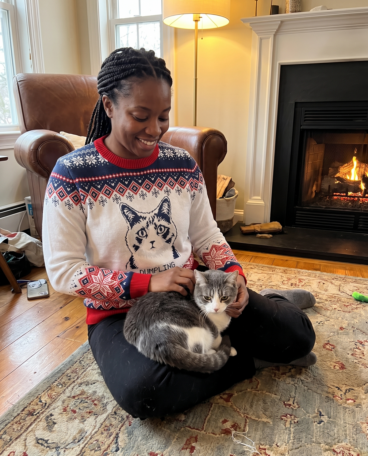 Custom Pet Knitted Holiday Sweater - Polar Express - worn at home with a custom Munchkin cat portrait named DUMPLING | Alpha Paw