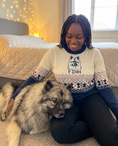 Load image into Gallery viewer, Custom Pet Knitted Holiday Sweater - Arctic Dream Blue - worn at home with a custom Keeshond portrait named FINN | Alpha Paw
