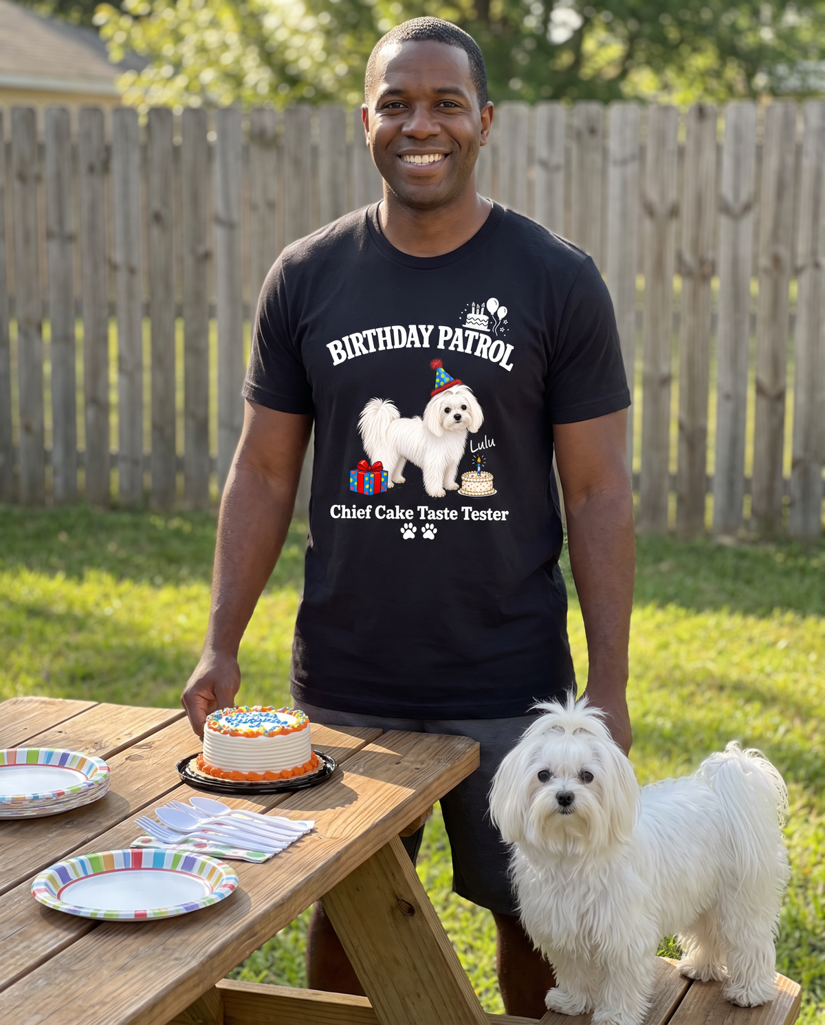 Birthday Patrol unisex tee in Black with a custom Maltese design | Alpha Paw