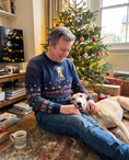 Load image into Gallery viewer, Custom Pet Holiday Sweater - Frosty Morning Blue - worn at home with a custom Greyhound portrait named LUNA | Alpha Paw
