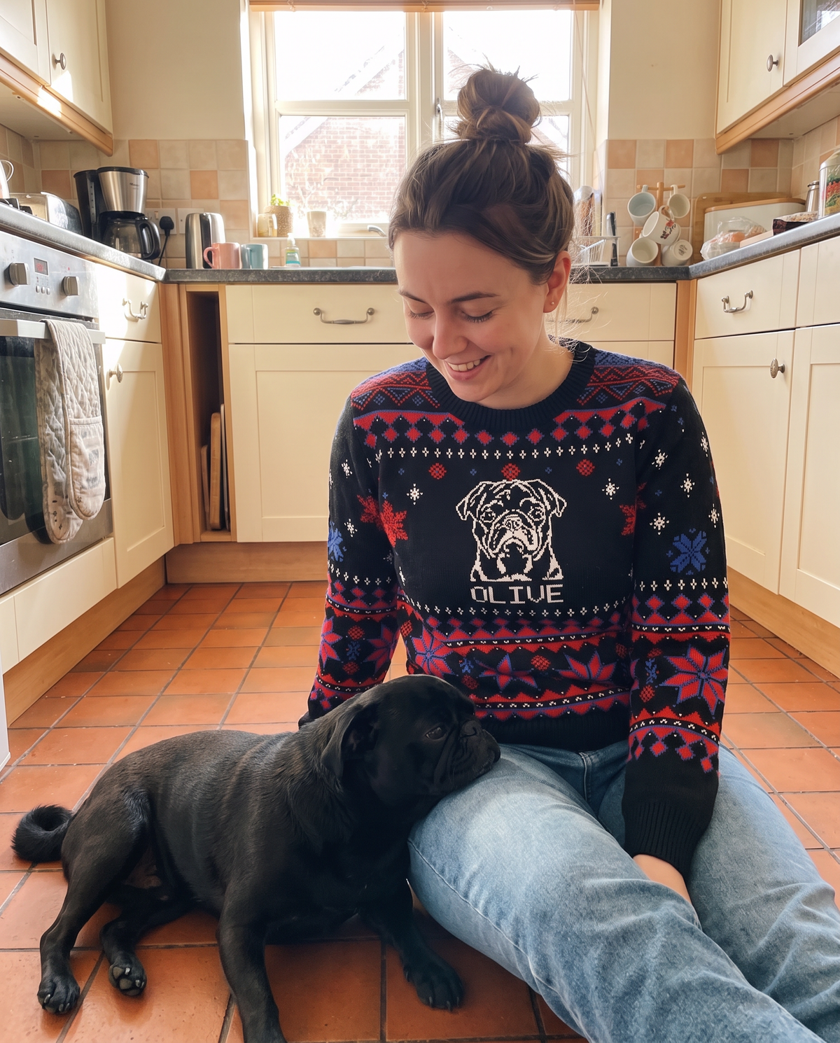 Custom Pet Knitted Holiday Sweater - Night Before Christmas - worn at home with a custom Pug portrait named OLIVE | Alpha Paw