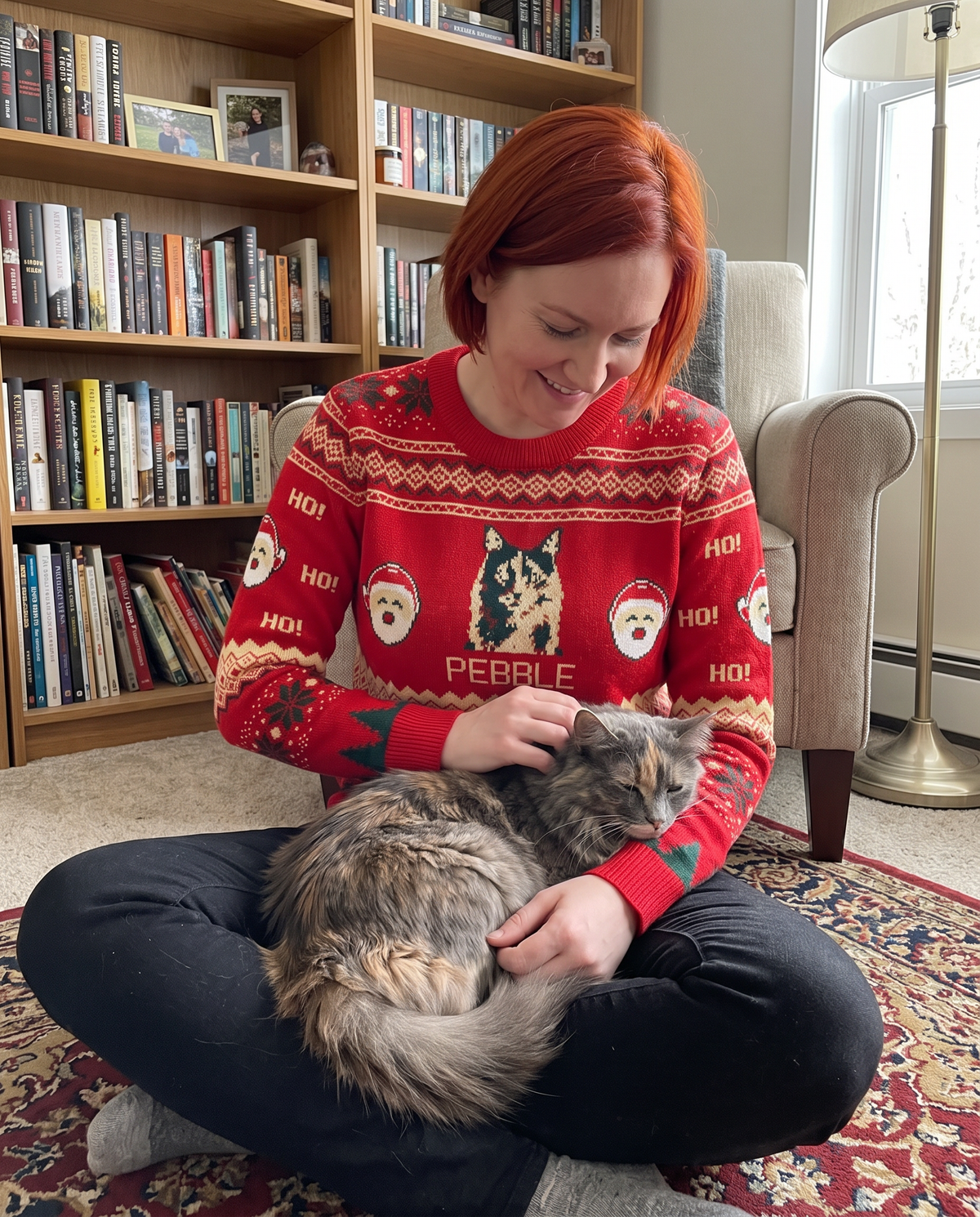 Custom Pet Knitted Holiday Sweater - Santa's Workshop - worn at home with a custom dilute tortoiseshell cat portrait named PEBBLE | Alpha Paw