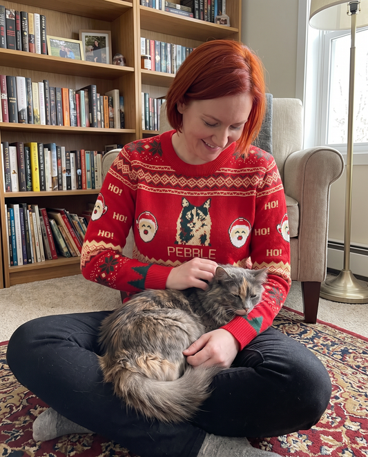 Custom Pet Knitted Holiday Sweater - Santa's Workshop - worn at home with a custom dilute tortoiseshell cat portrait named PEBBLE | Alpha Paw