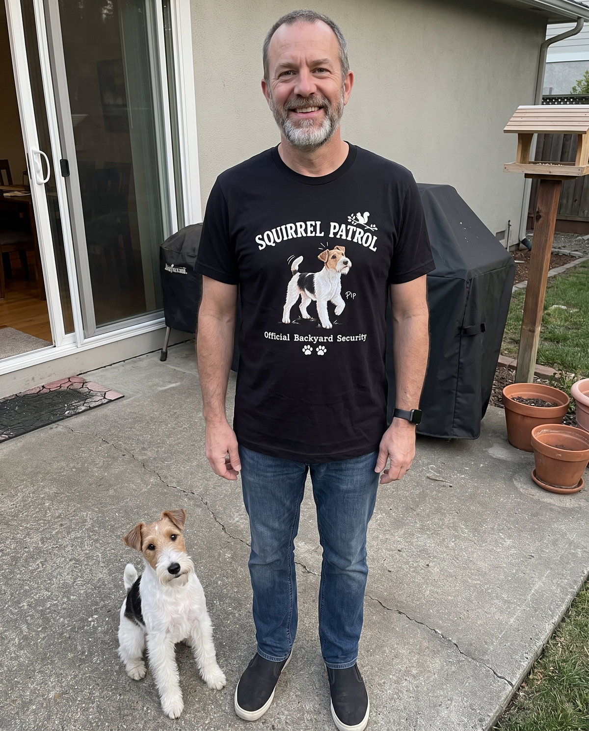 Squirrel Patrol unisex tee in Black with a custom wire fox terrier design | Alpha Paw