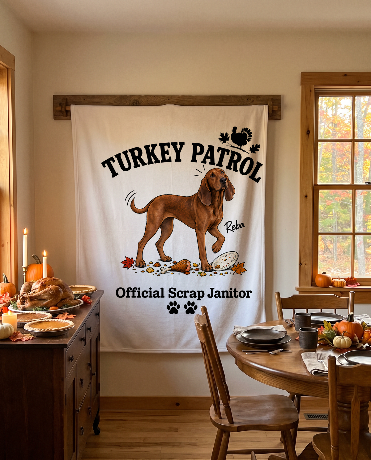 Turkey Patrol Scrap Janitor blanket with a custom Redbone Coonhound design | Alpha Paw