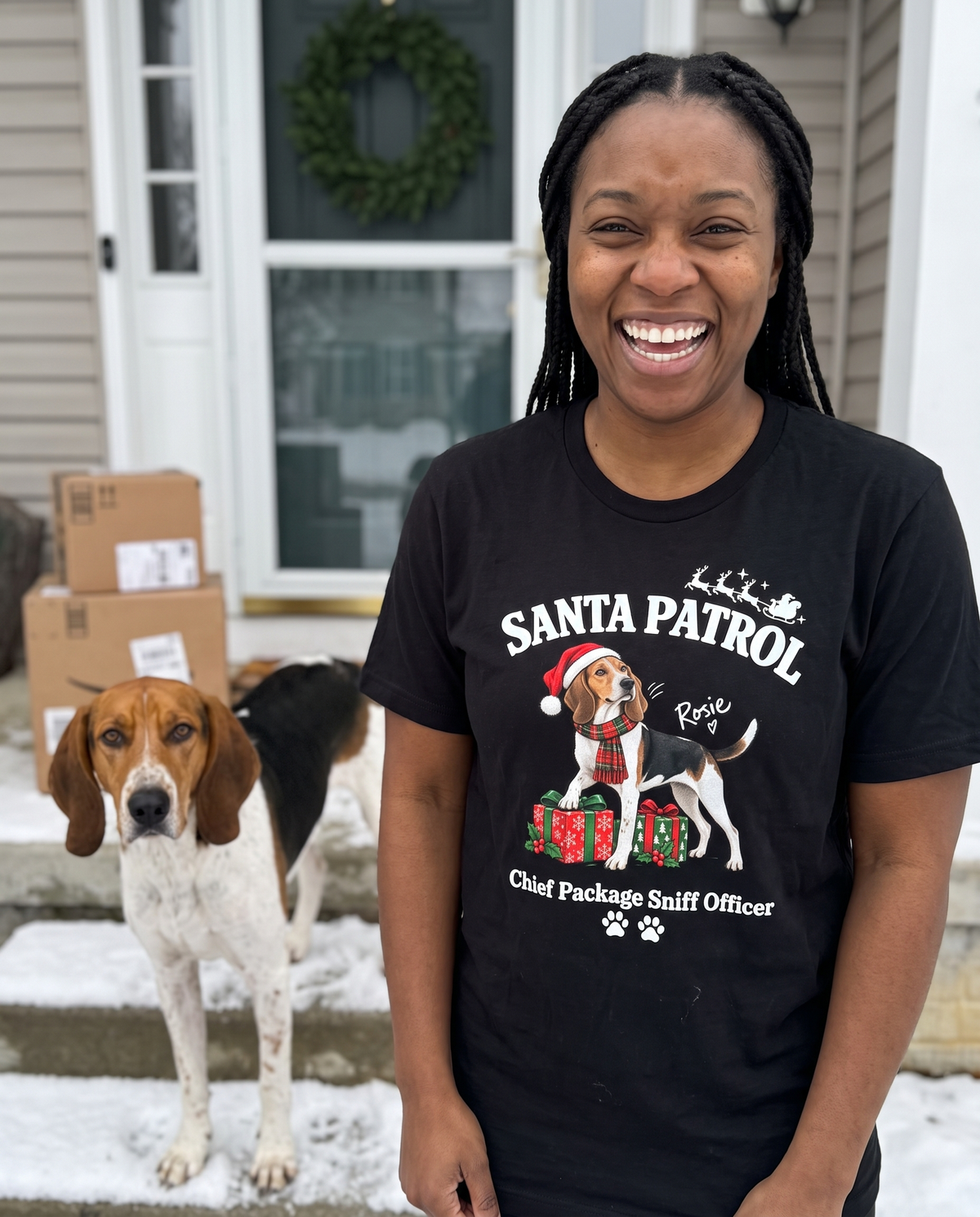 Santa Patrol unisex tee in Black with a custom Treeing Walker Coonhound design | Alpha Paw