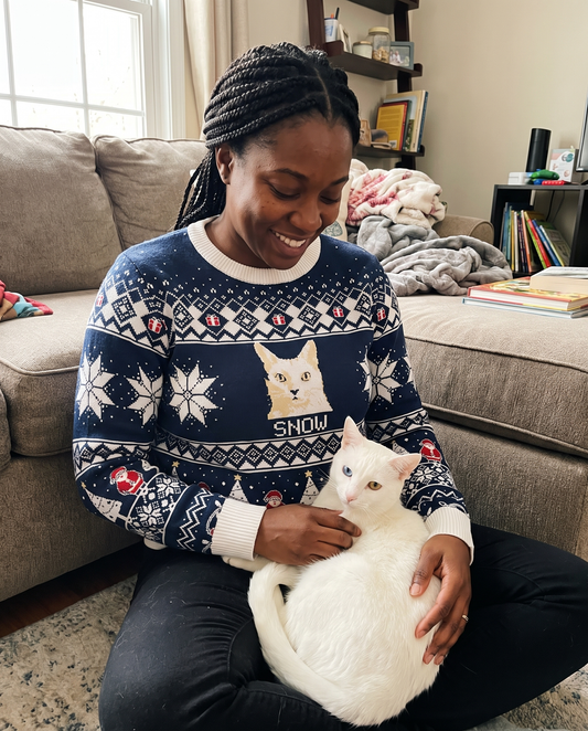 Custom Pet Knitted Holiday Sweater - Snowflake Navy - worn at home with a custom Khao Manee cat portrait named SNOW | Alpha Paw